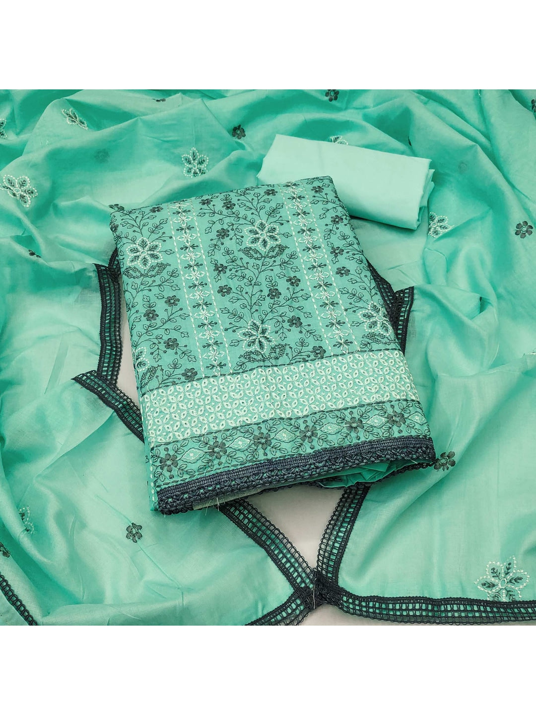Sea Green Cotton Suit Fabric with Embroidered Floral Patterns - Image 1