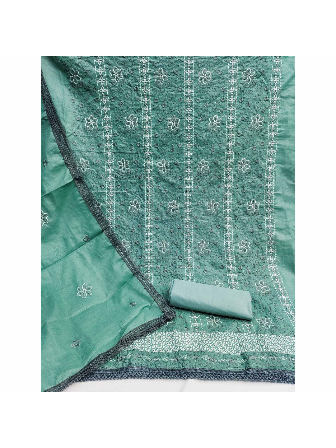 Turquoise Floral Embroidered Pure Cotton Dress Material - Image 2