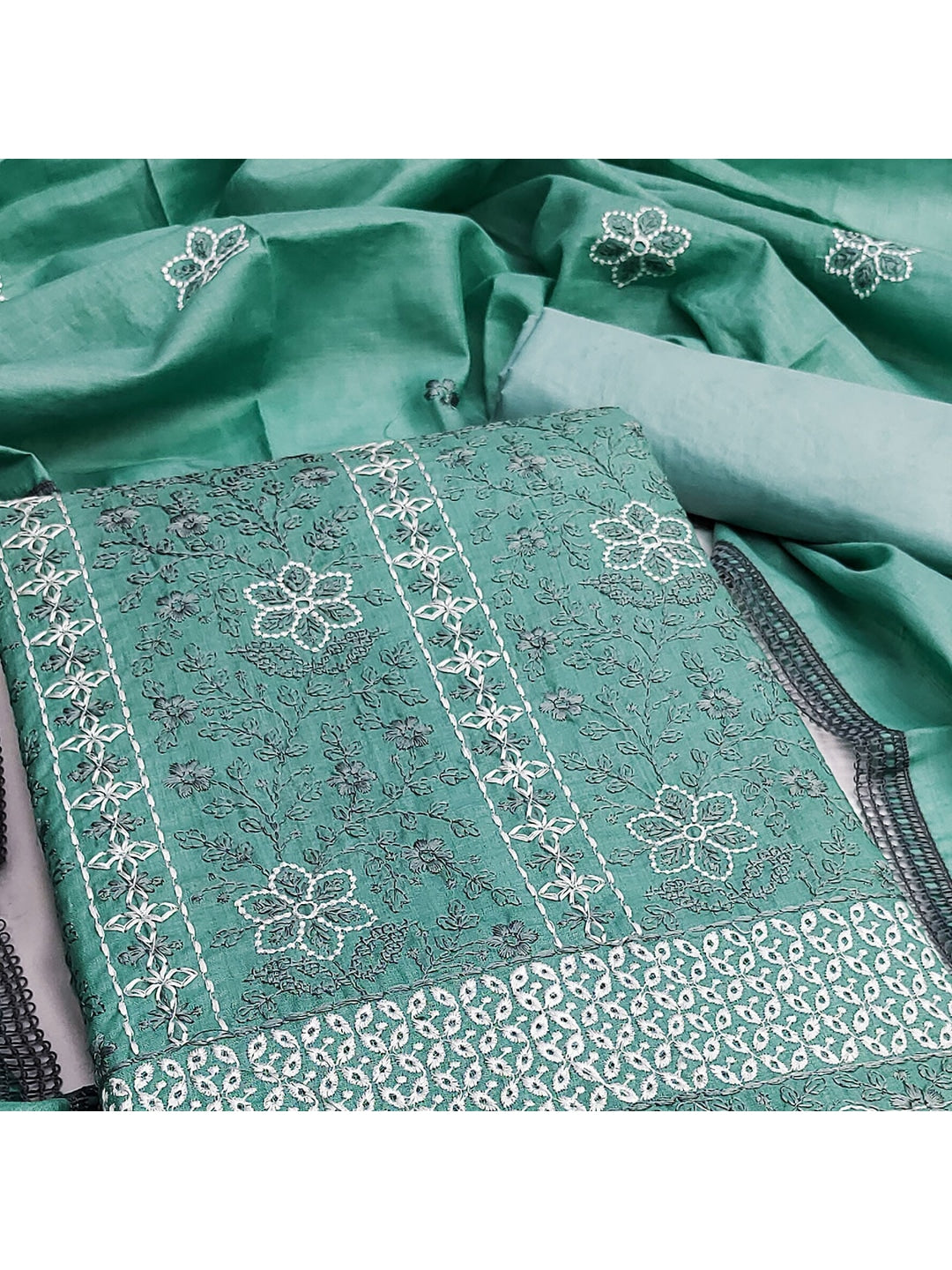 Turquoise Floral Embroidered Pure Cotton Dress Material - Image 4