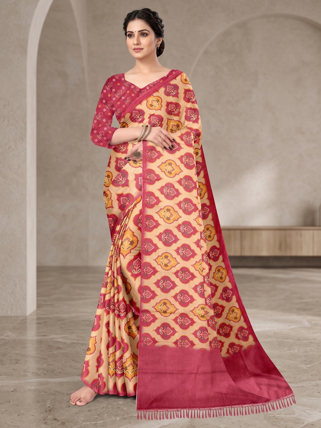 Peachmode Pink Digital Printed Tissue Cotton Saree - Image 1