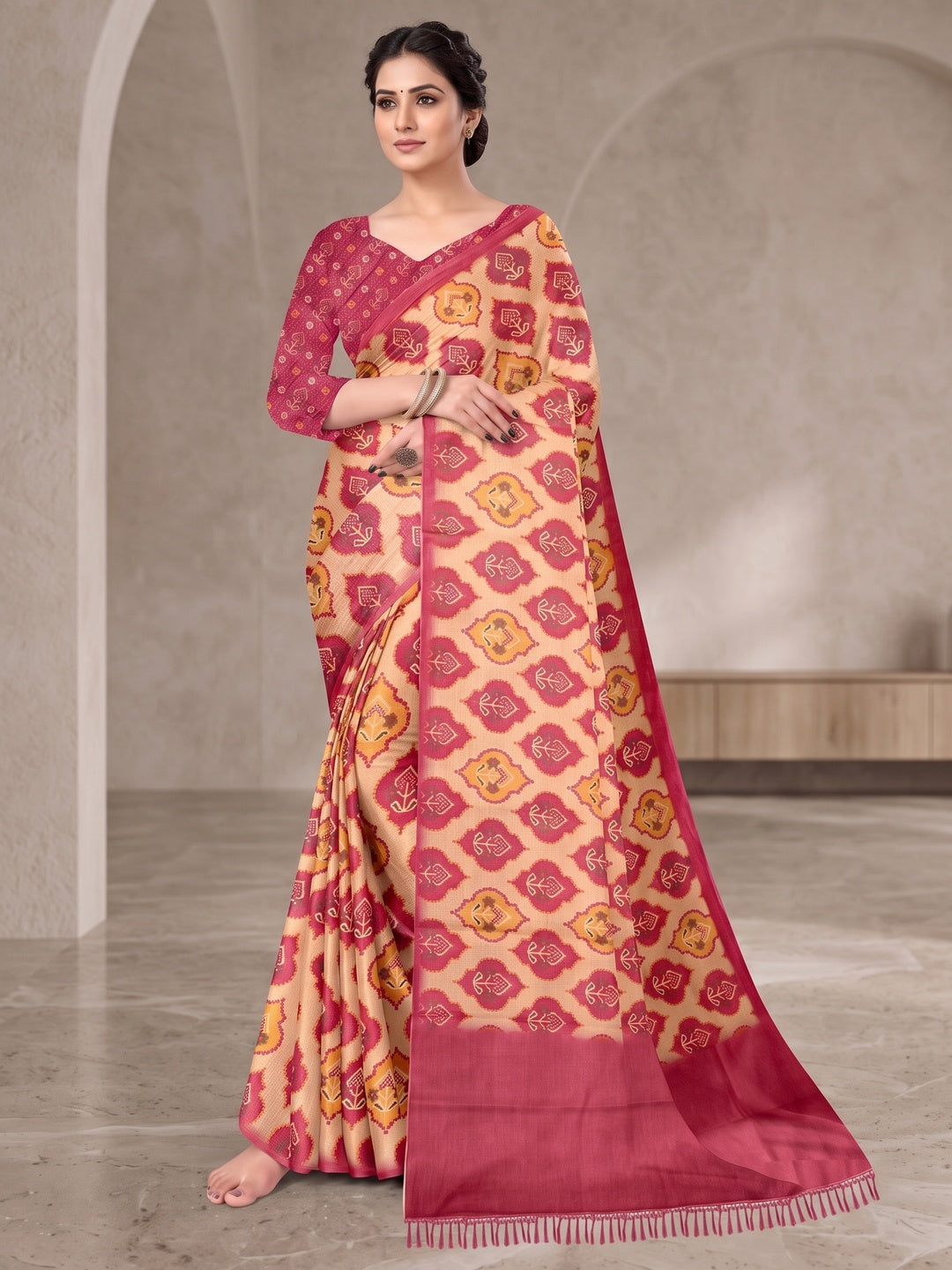 Peachmode Pink Digital Printed Tissue Cotton Saree - Image 2