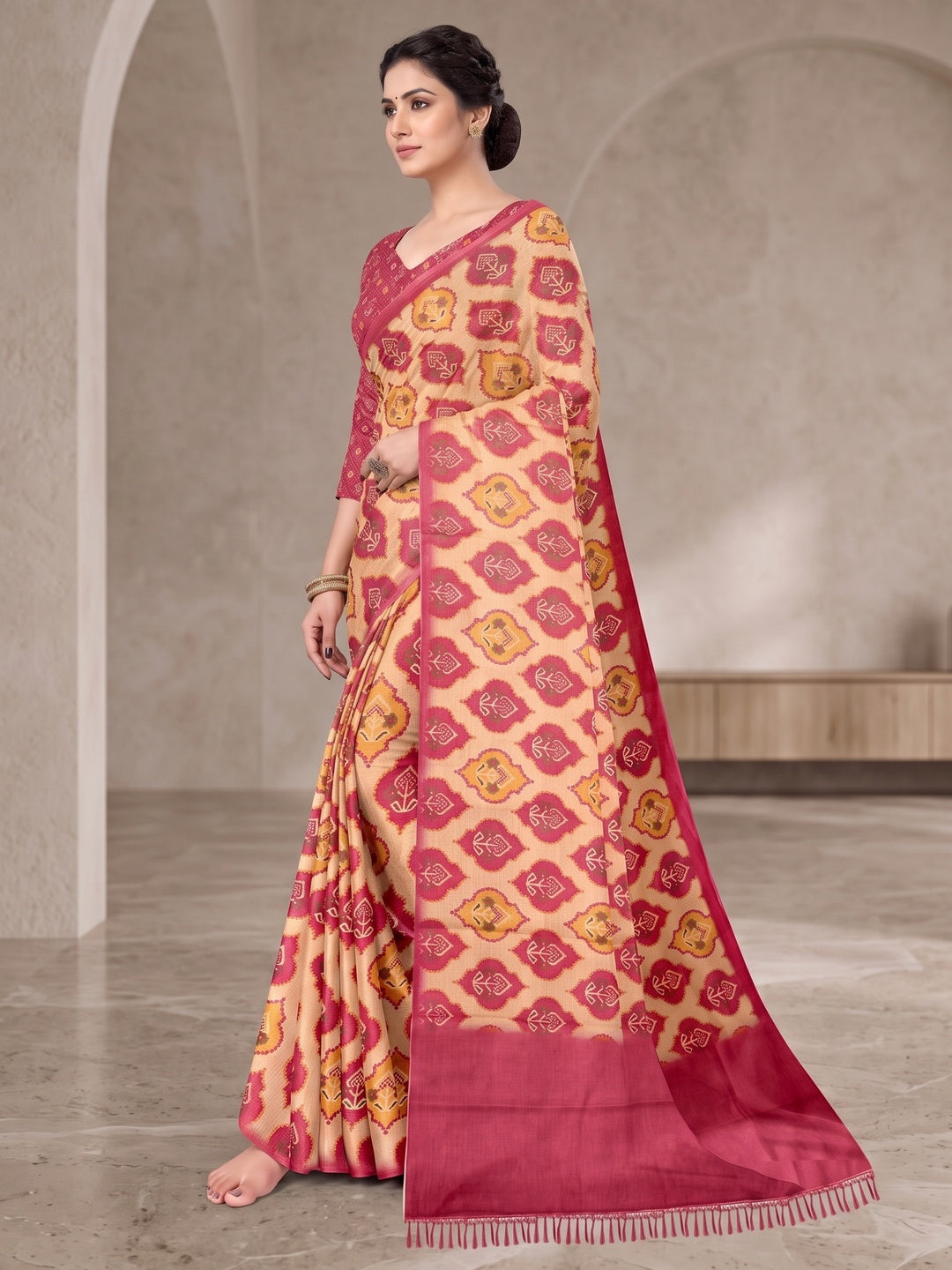 Peachmode Pink Digital Printed Tissue Cotton Saree - Image 4