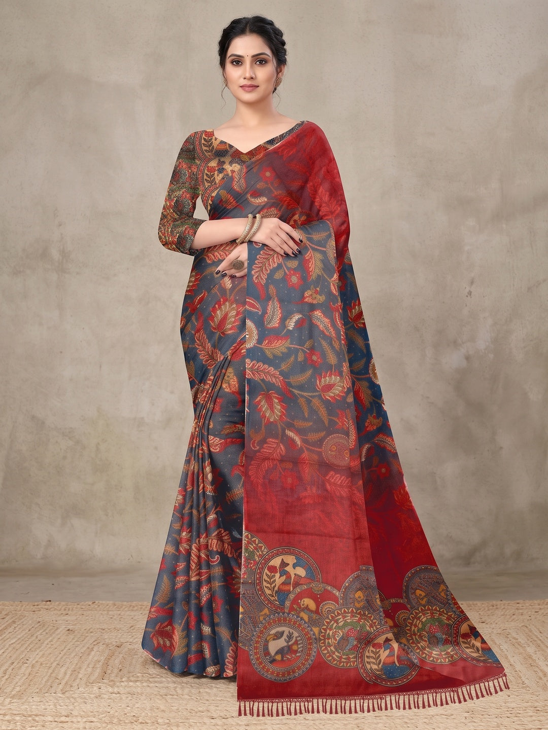 Peachmode Navy Blue Digital Printed Tissue Cotton Saree - Image 1