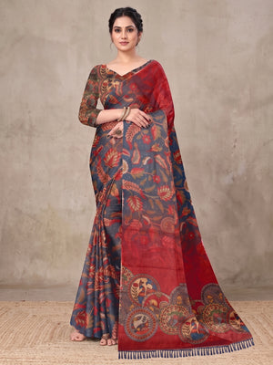 Peachmode Navy Blue Digital Printed Tissue Cotton Saree - Image 2