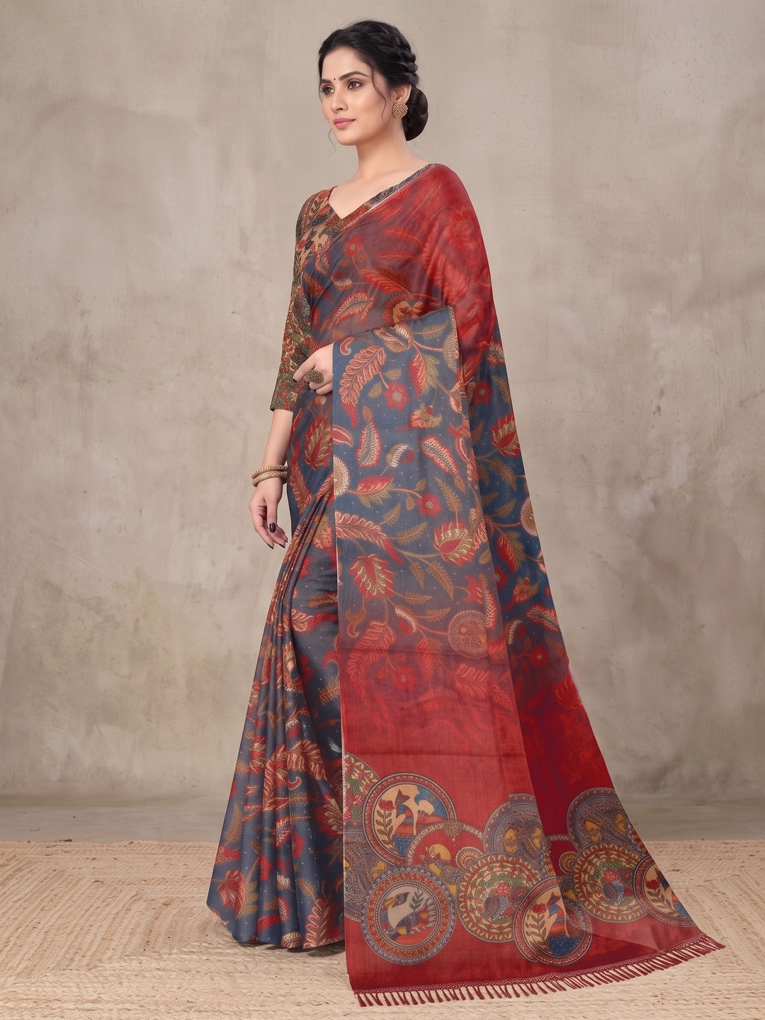 Peachmode Navy Blue Digital Printed Tissue Cotton Saree - Image 5