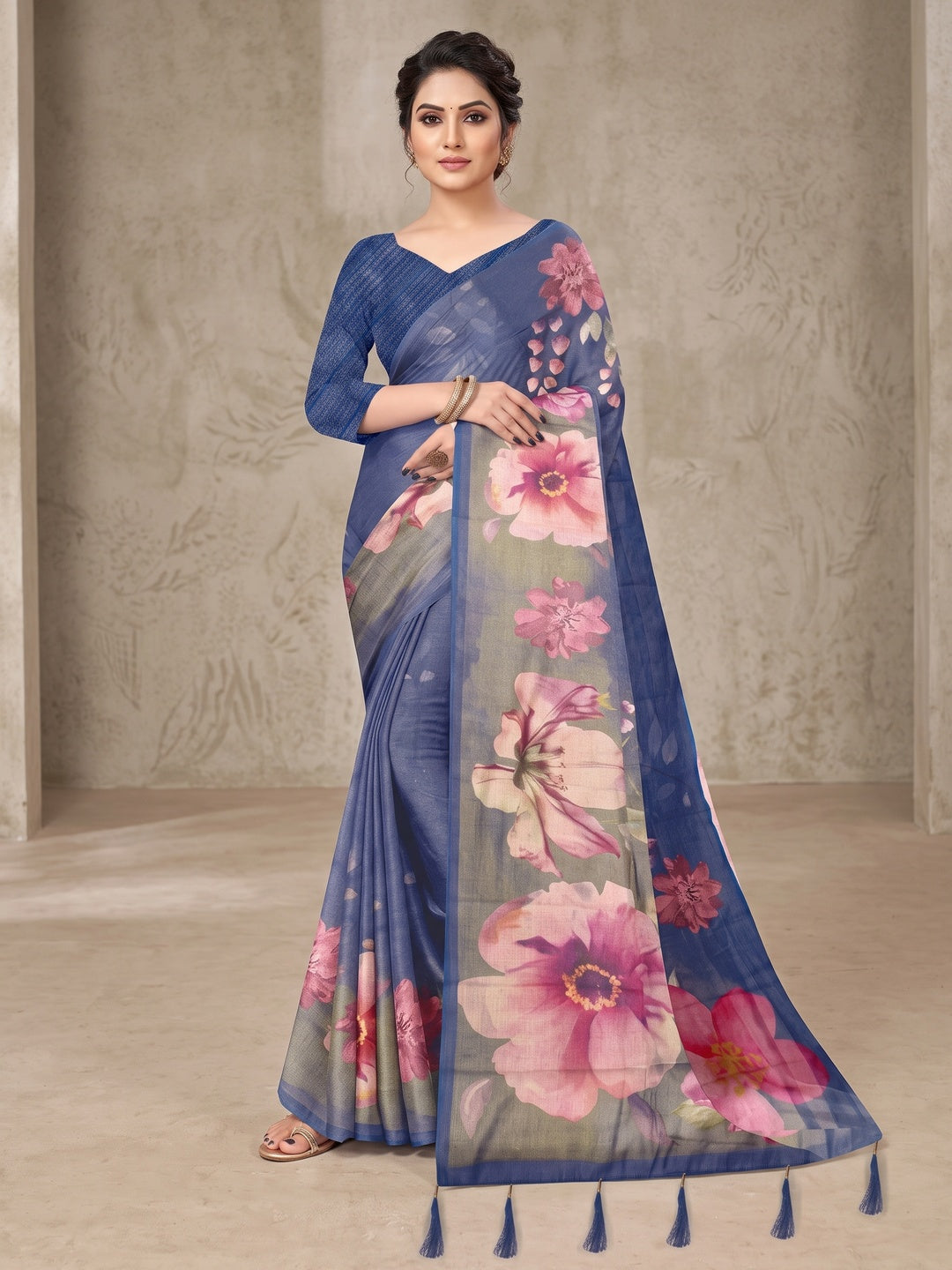 Peachmode Blue Digital Printed Tissue Cotton Saree - Image 1