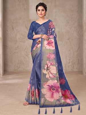 Peachmode Blue Digital Printed Tissue Cotton Saree - Image 2
