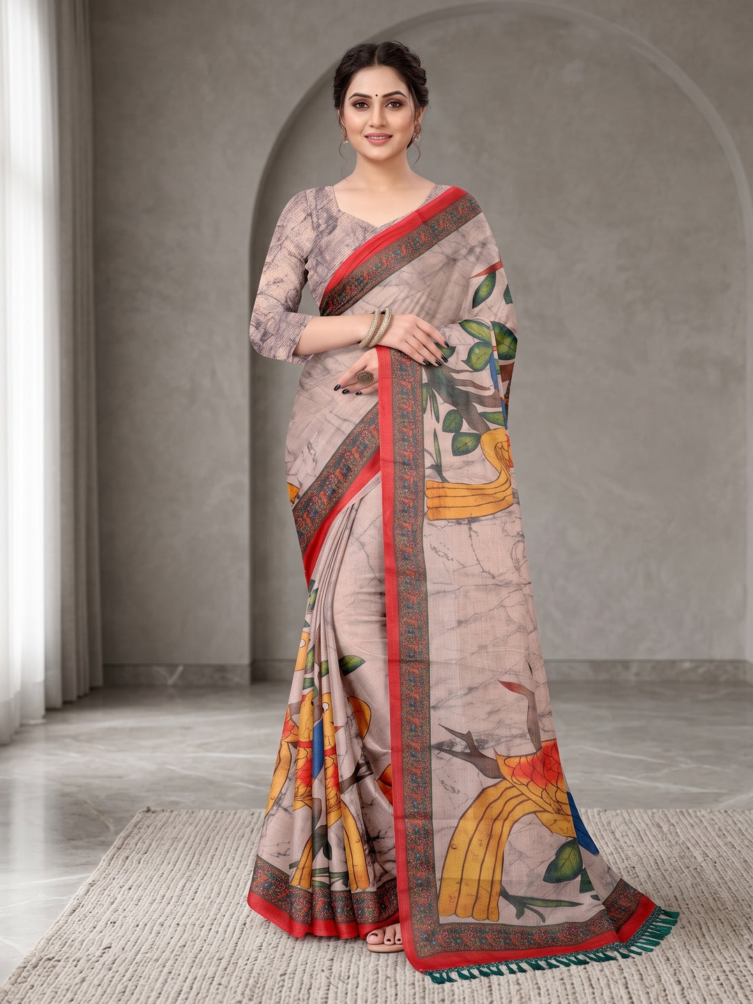 Peachmode Beige Digital Printed Tissue Cotton Saree - Image 1