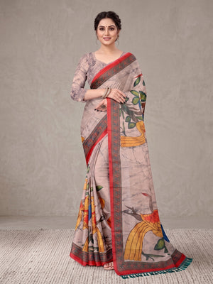 Peachmode Beige Digital Printed Tissue Cotton Saree - Image 2