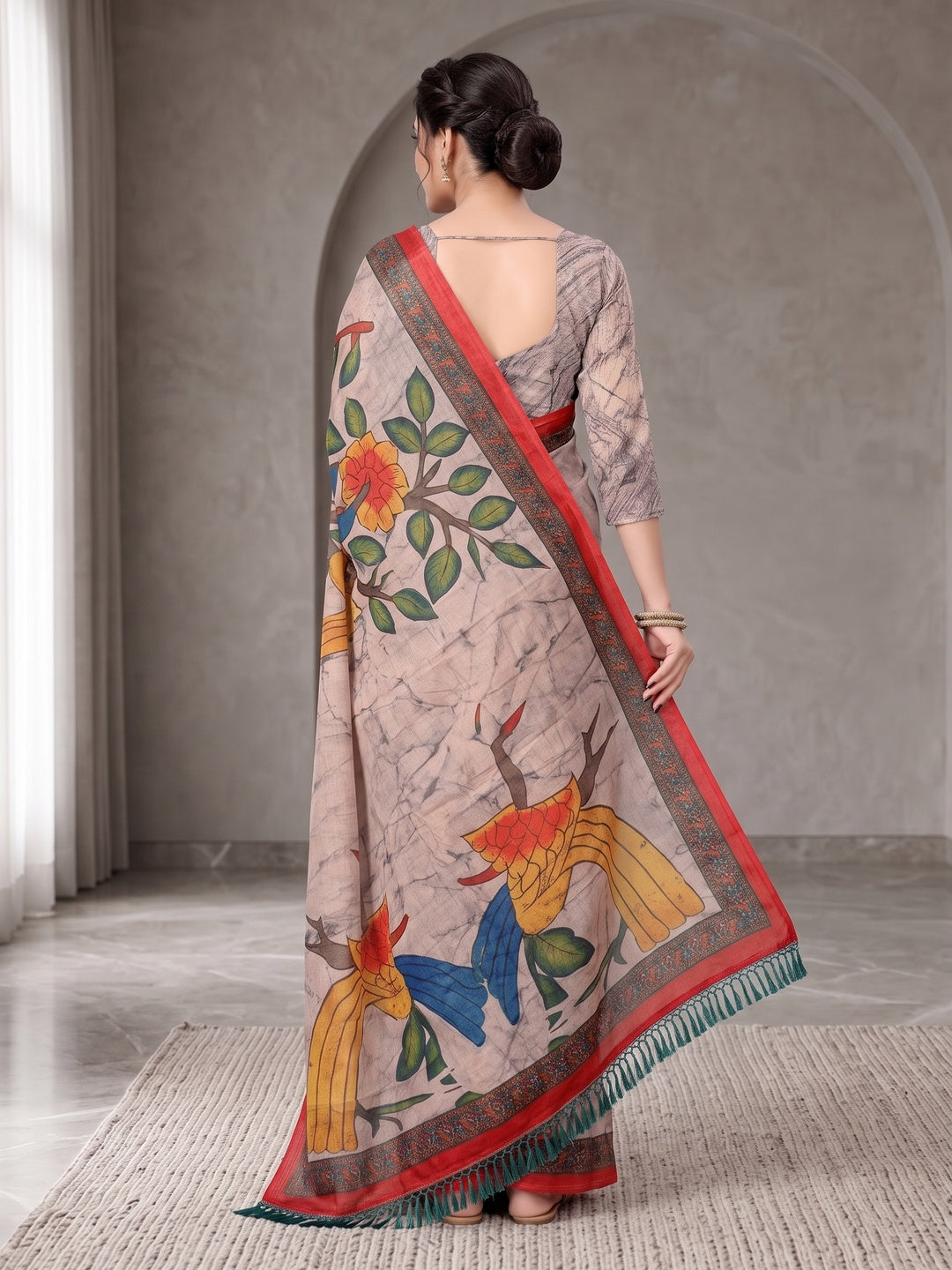 Peachmode Beige Digital Printed Tissue Cotton Saree - Image 3