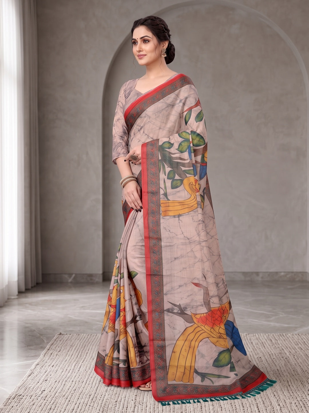Peachmode Beige Digital Printed Tissue Cotton Saree - Image 4