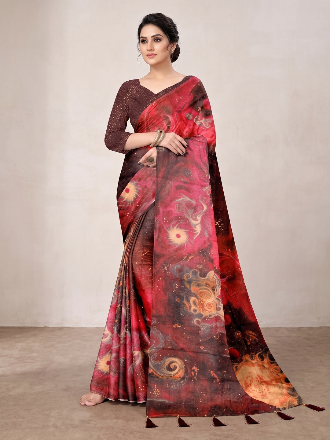 Peachmode Maroon Digital Printed Tissue Cotton Saree - Image 1