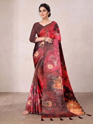 Peachmode Maroon Digital Printed Tissue Cotton Saree - Image 2