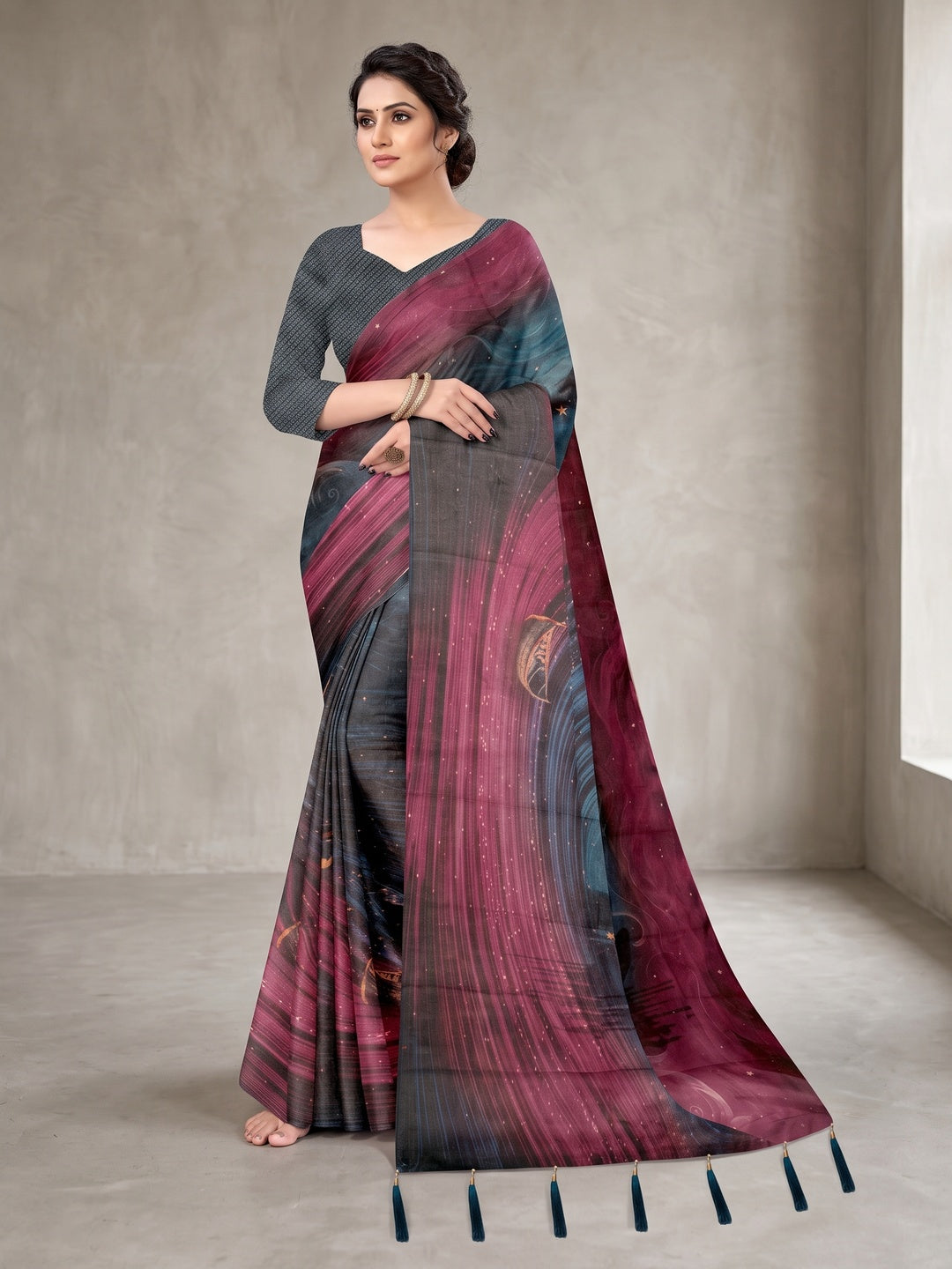 Peachmode Teal Digital Printed Tissue Cotton Saree - Image 1