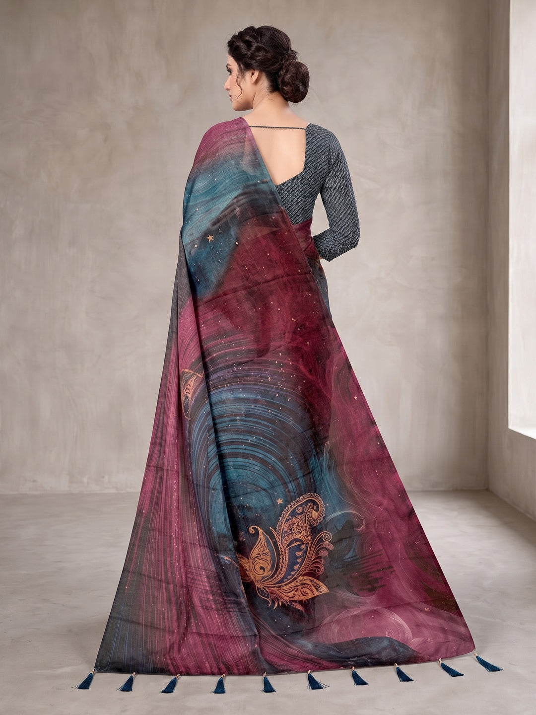 Peachmode Teal Digital Printed Tissue Cotton Saree - Image 3
