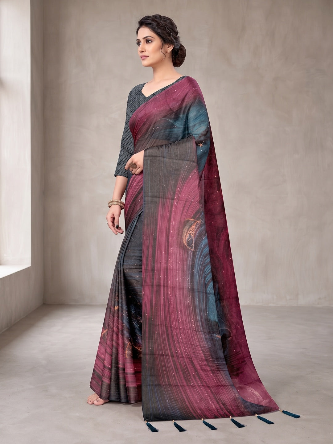 Peachmode Teal Digital Printed Tissue Cotton Saree - Image 4