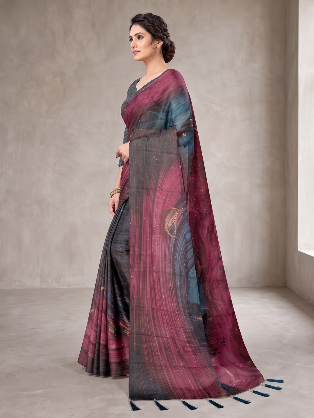 Peachmode Teal Digital Printed Tissue Cotton Saree - Image 5
