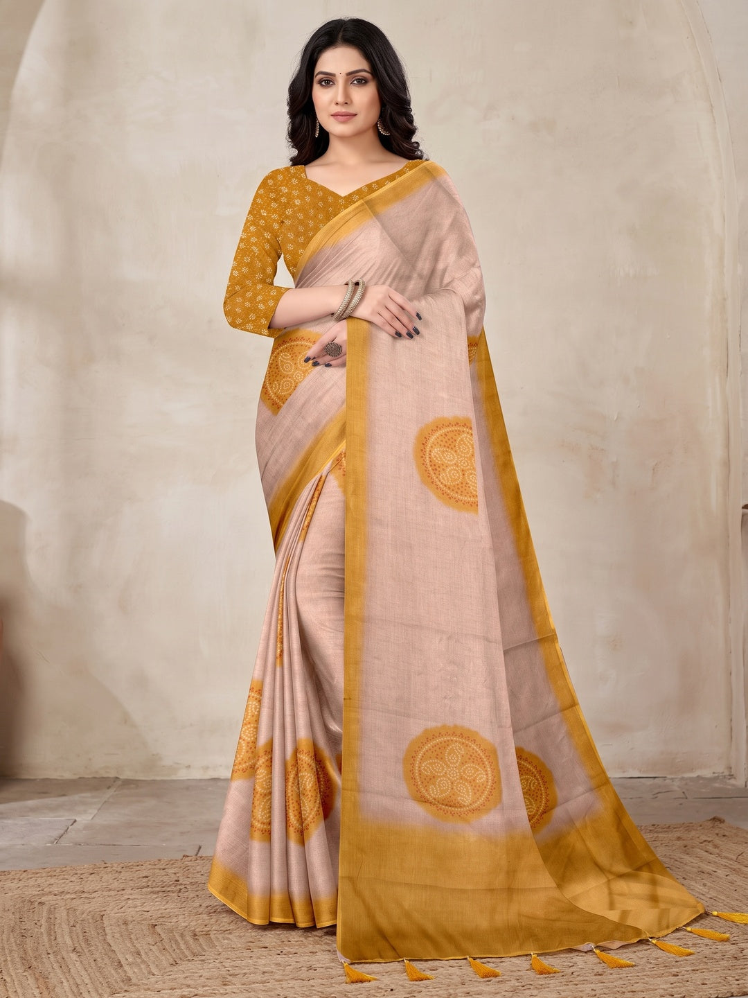 Peachmode Beige Digital Printed Tissue Cotton Saree - Image 1