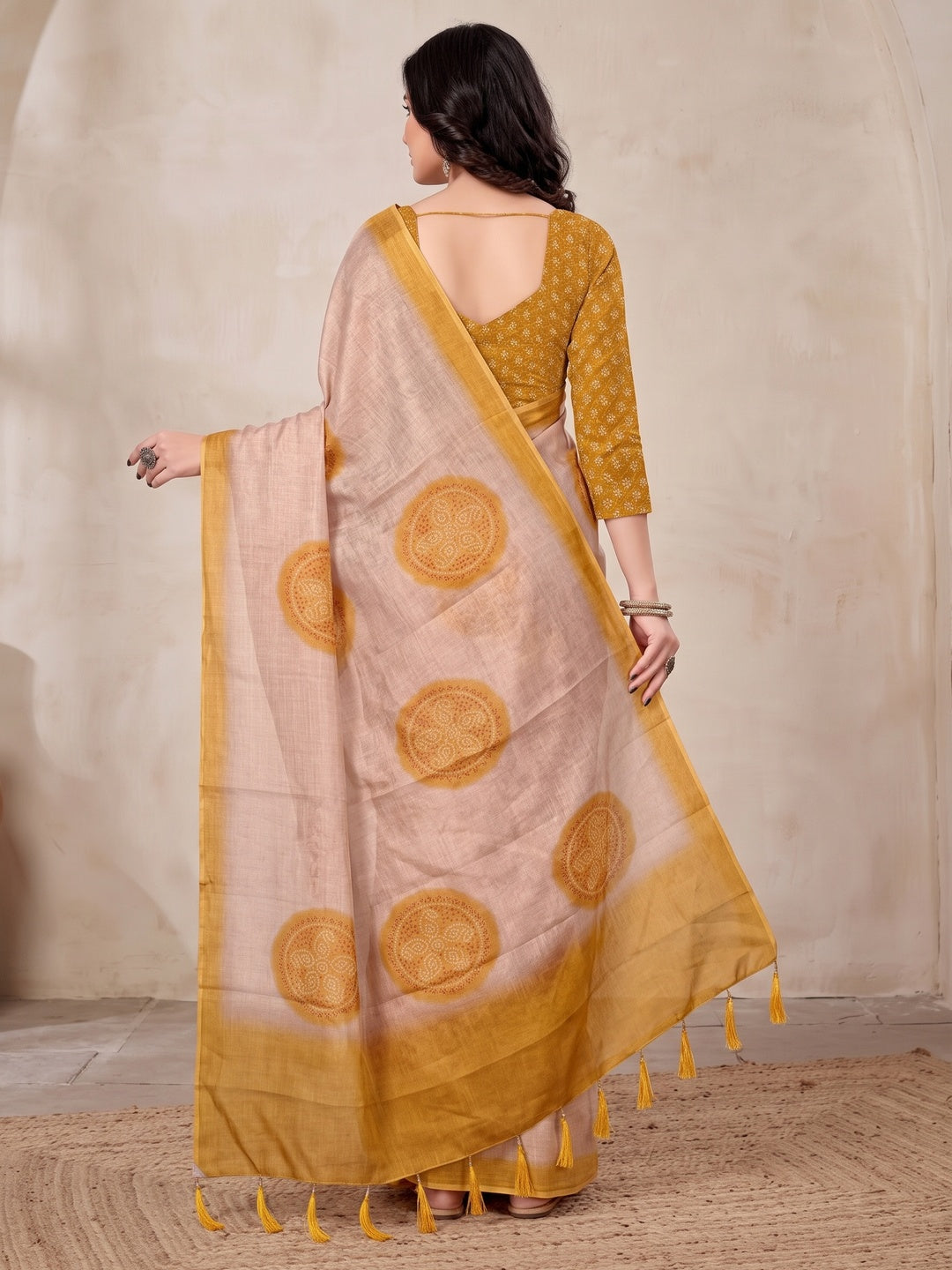 Peachmode Beige Digital Printed Tissue Cotton Saree - Image 3