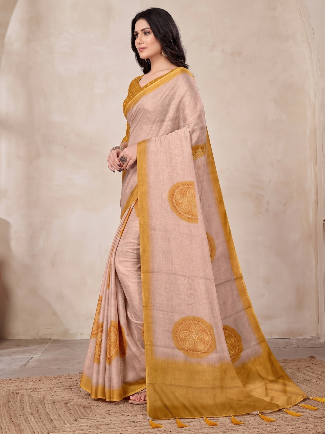 Peachmode Beige Digital Printed Tissue Cotton Saree - Image 4