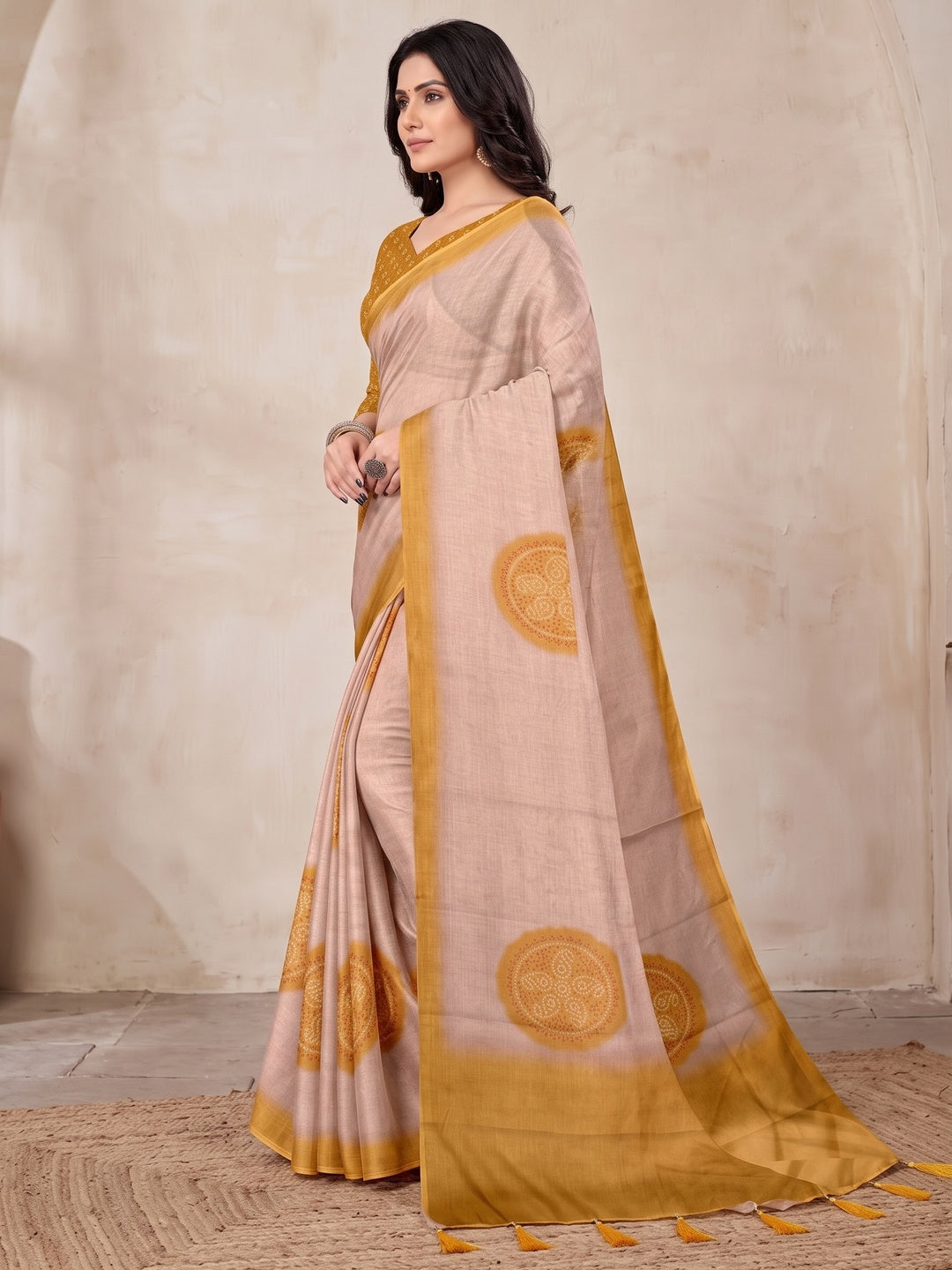 Peachmode Beige Digital Printed Tissue Cotton Saree - Image 5