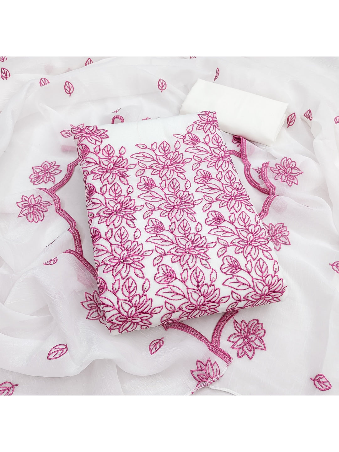Peachmode Off White Pink Floral Embroidered Dress Material - Image 2