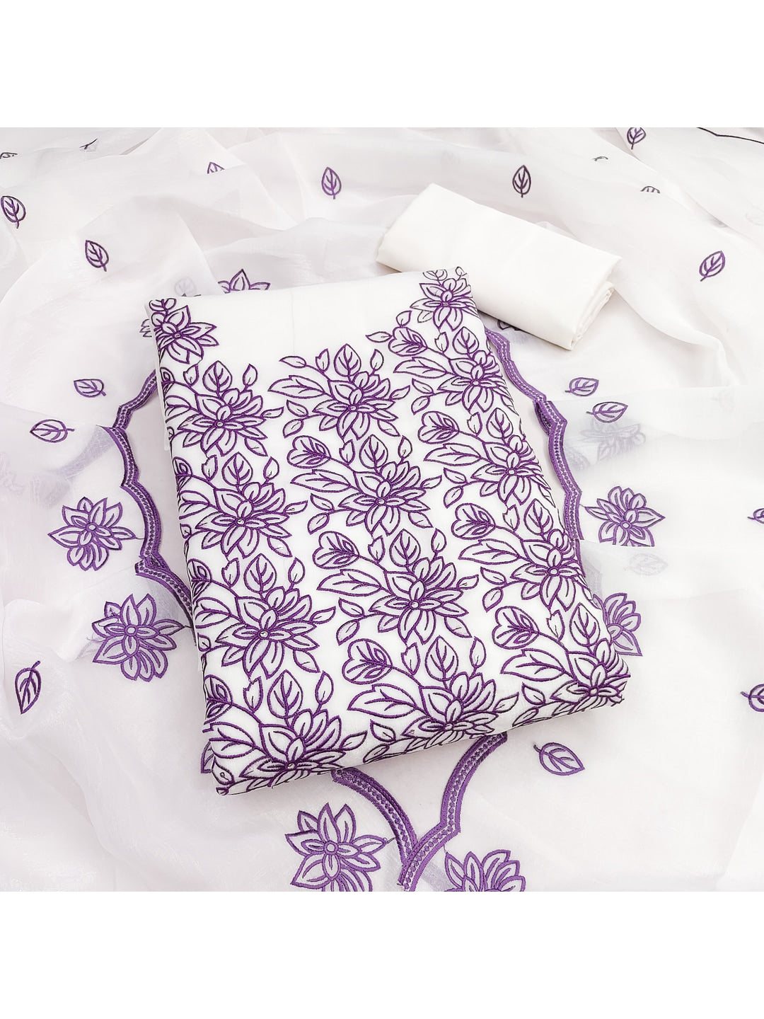 Peachmode Off White Purple Floral Embroidered Dress Material - Image 2