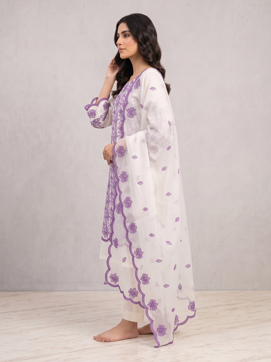 Peachmode Off White Purple Floral Embroidered Dress Material - Image 4