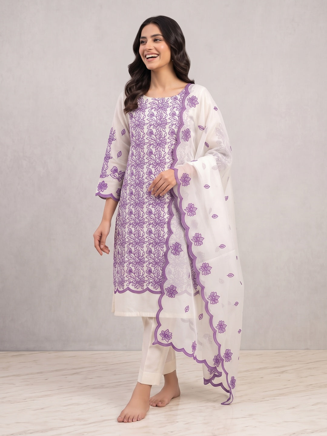 Peachmode Off White Purple Floral Embroidered Dress Material - Image 5