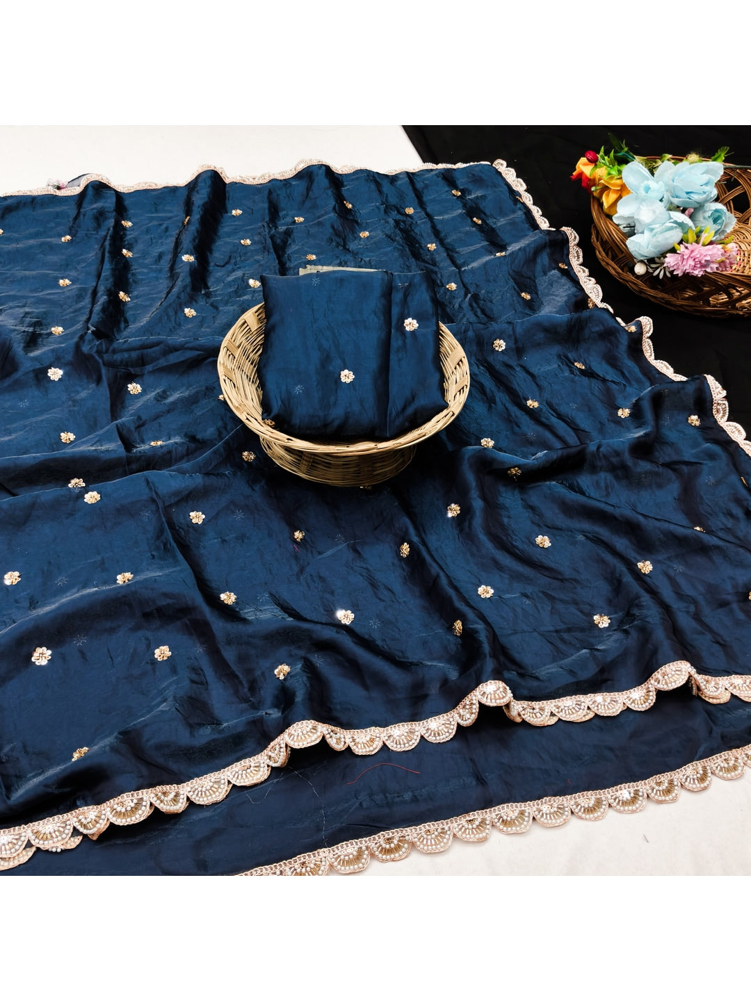 Peachmode Navy Blue Fendy Satin Embellished Saree - Image 2