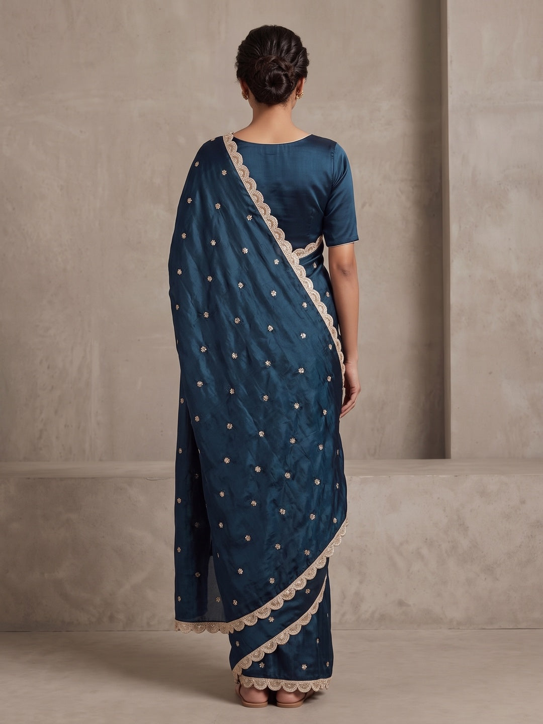 Peachmode Navy Blue Fendy Satin Embellished Saree - Image 3