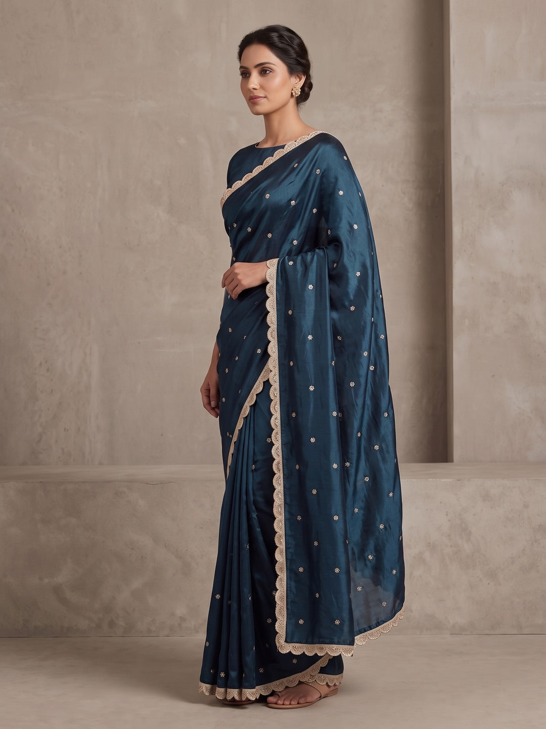 Peachmode Navy Blue Fendy Satin Embellished Saree - Image 4