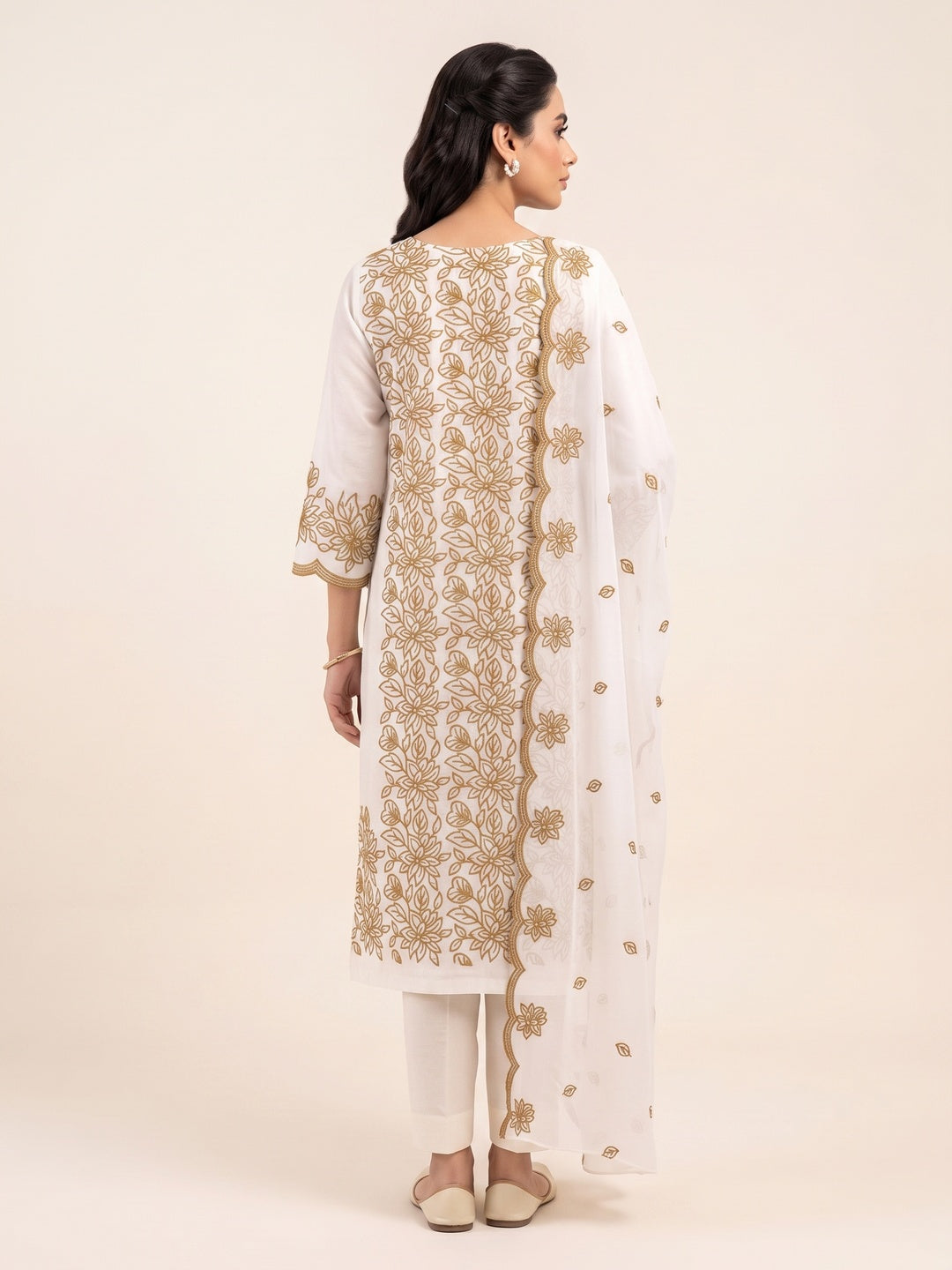 Peachmode Off White Mustard Floral Embroidered Dress Material - Image 3