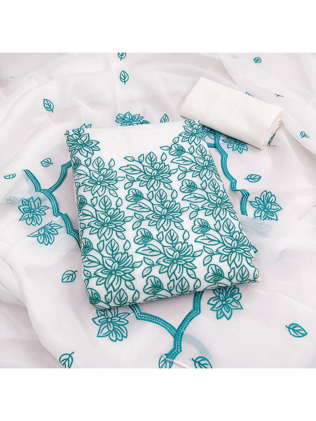 Peachmode Off White Teal Floral Embroidered Dress Material - Image 2