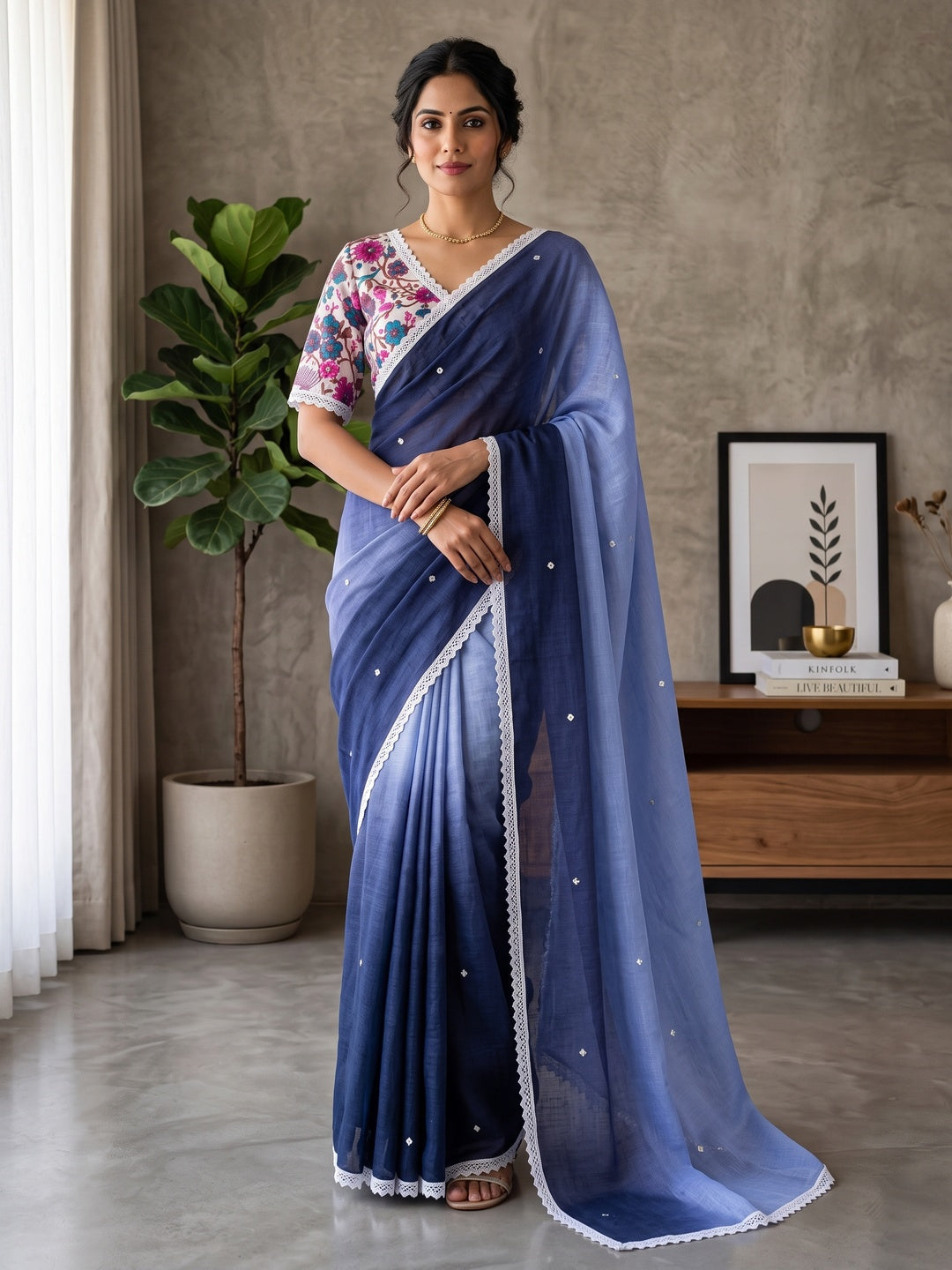 Peachmode Black Lavender Ombre Linen Saree - Image 1