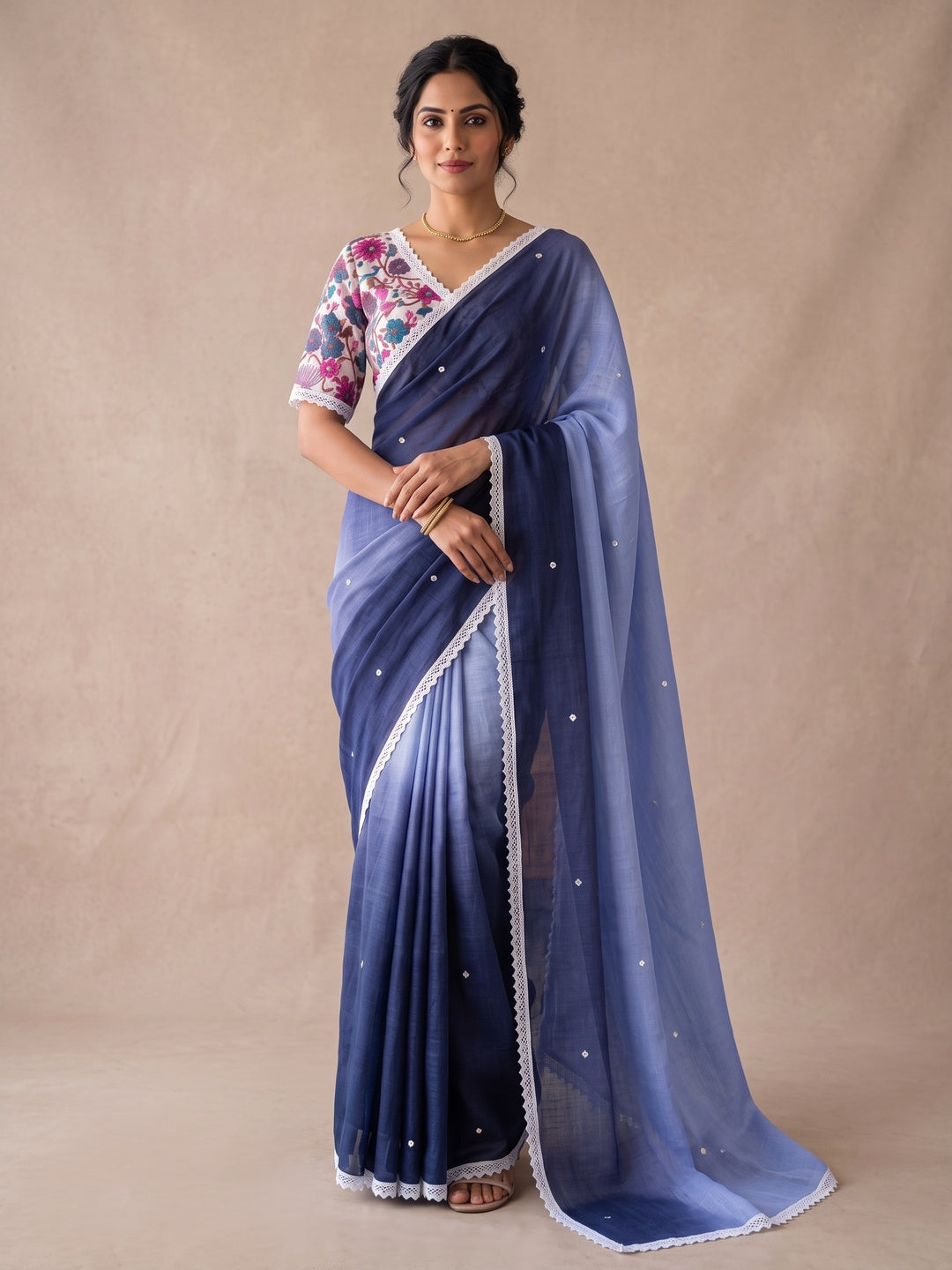 Peachmode Black Lavender Ombre Linen Saree - Image 2