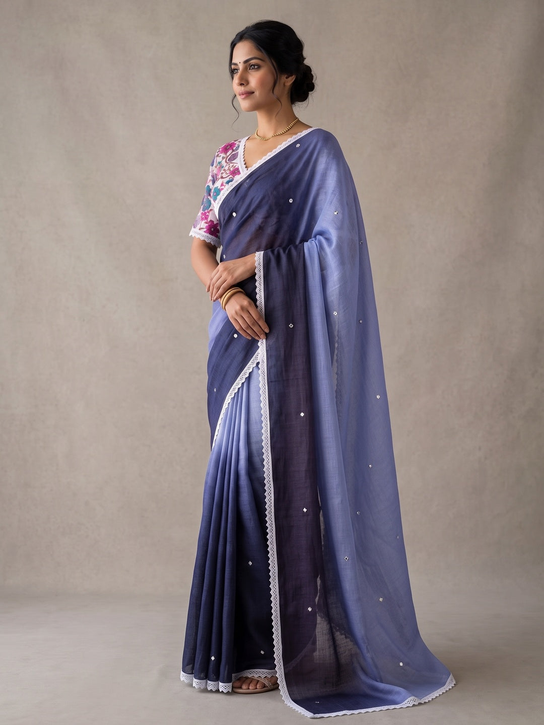 Peachmode Black Lavender Ombre Linen Saree - Image 5