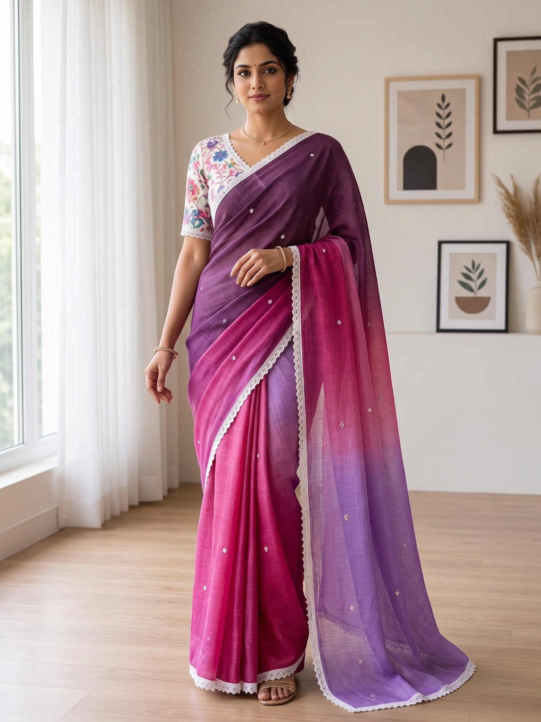 Peachmode Purple Pink Ombre Linen Saree - Image 1
