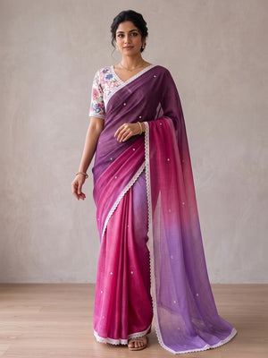 Peachmode Purple Pink Ombre Linen Saree - Image 2