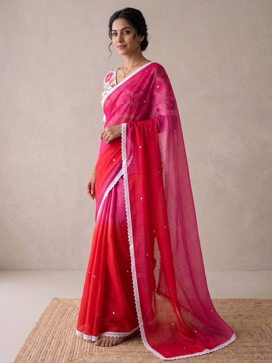 Peachmode Red Pink Ombre Linen Saree - Image 5