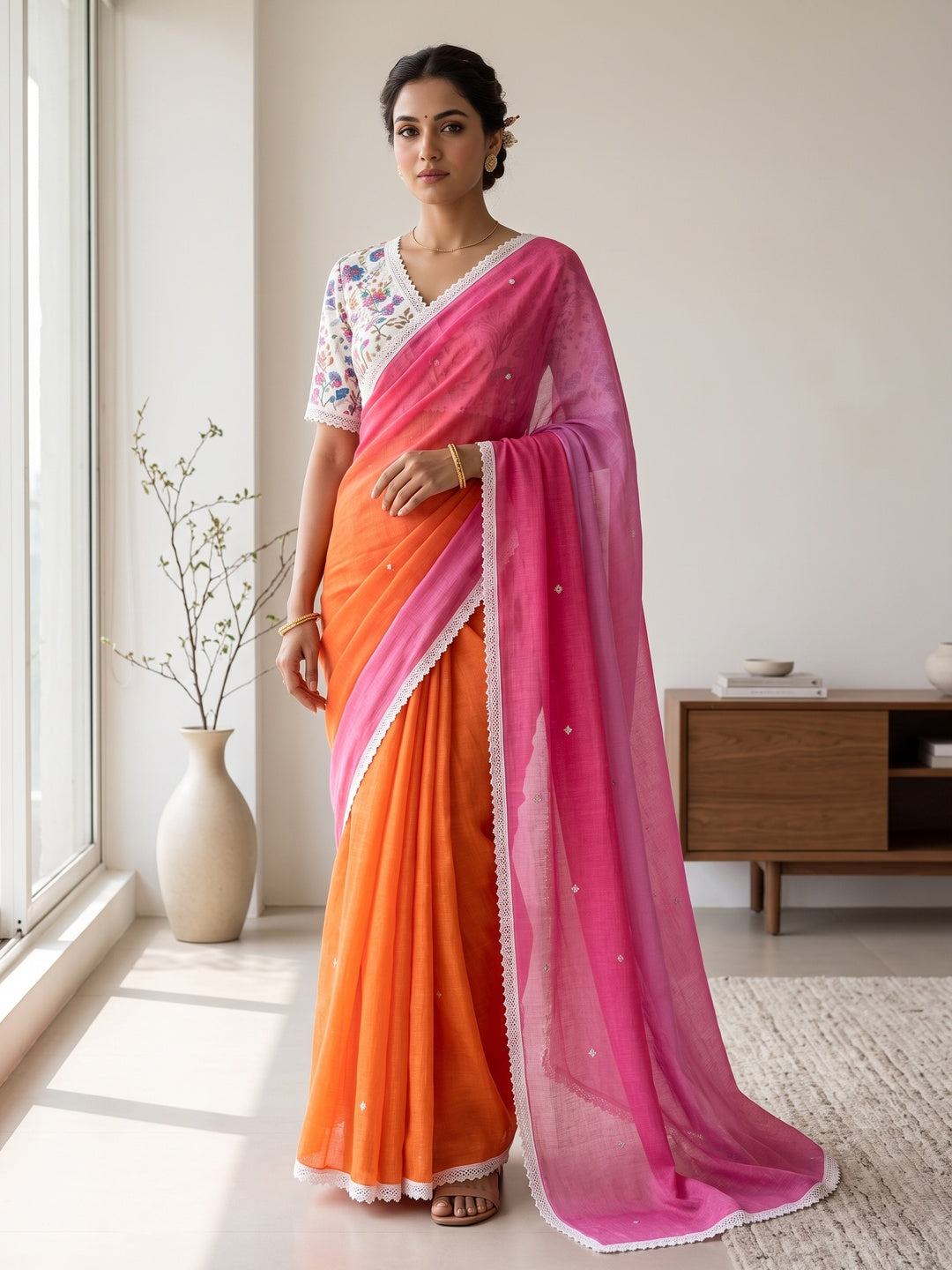 Peachmode Orange Pink Ombre Linen Saree - Image 1