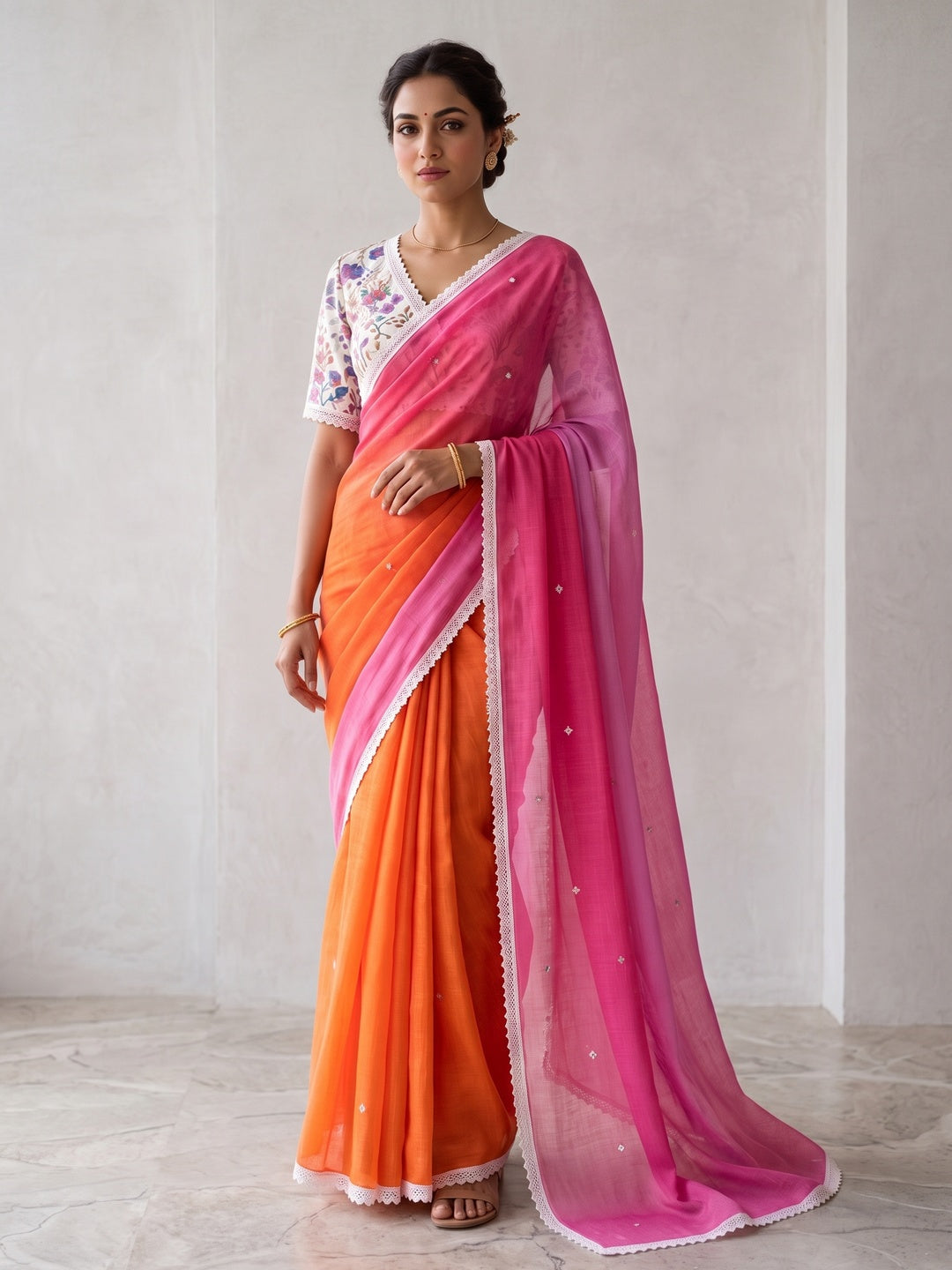 Peachmode Orange Pink Ombre Linen Saree - Image 2
