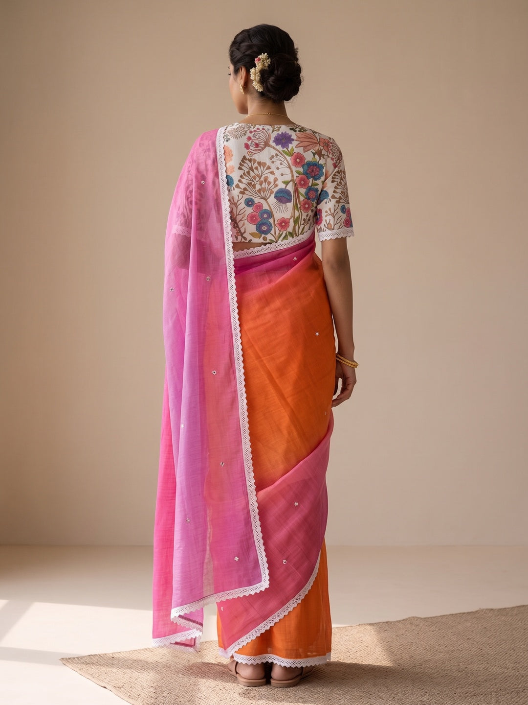Peachmode Orange Pink Ombre Linen Saree - Image 3