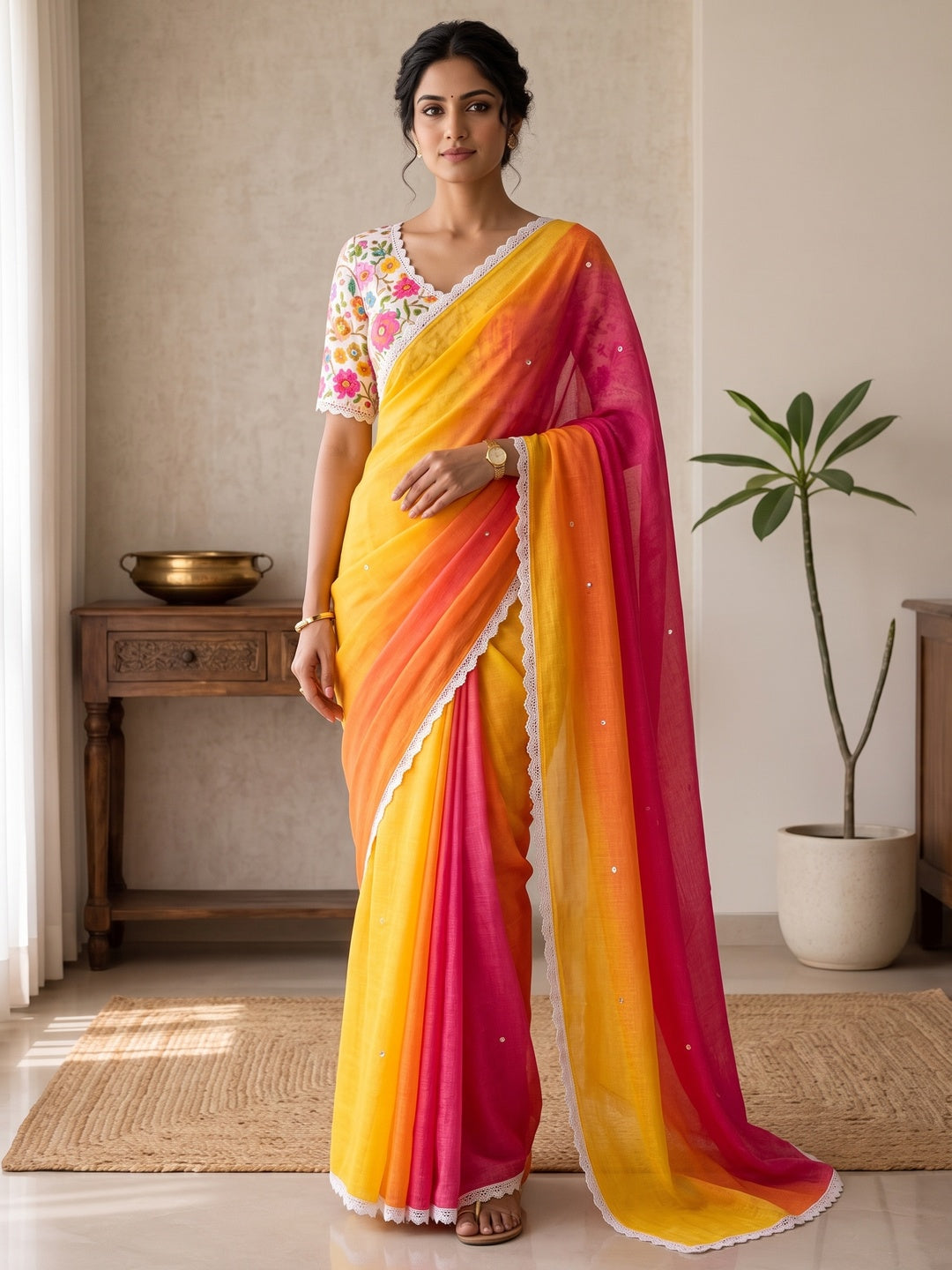 Peachmode Yellow Pink Ombre Linen Saree - Image 1