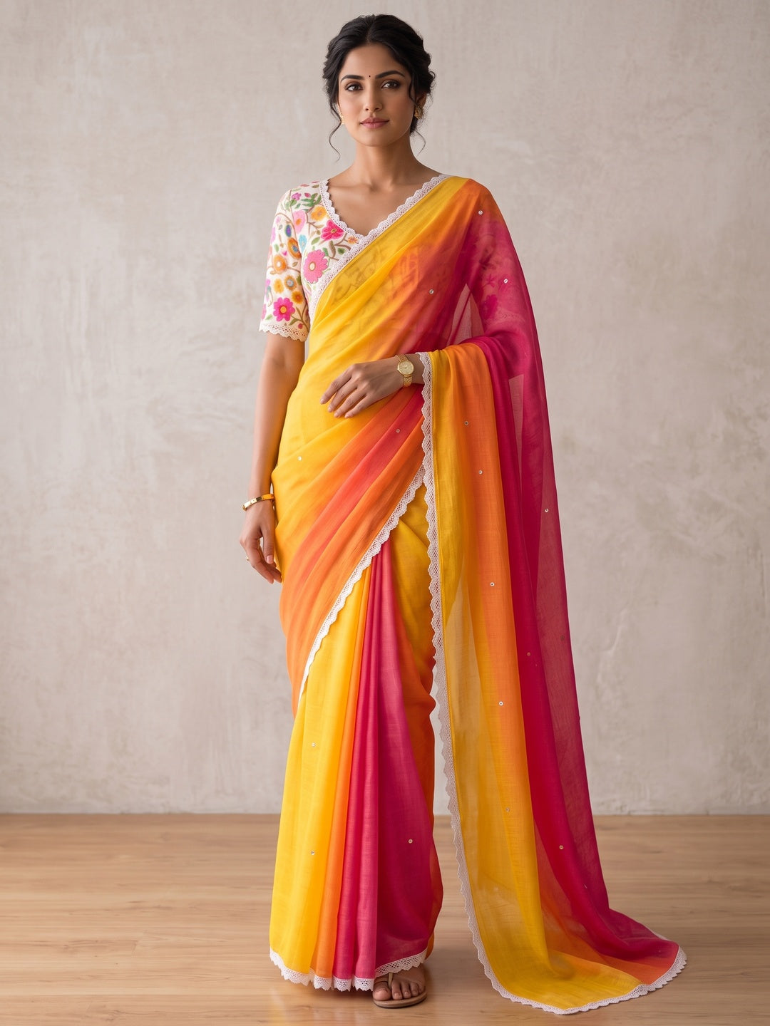 Peachmode Yellow Pink Ombre Linen Saree - Image 2