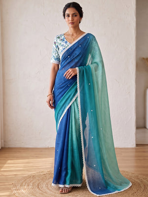 Peachmode Teal Blue Ombre Linen Saree - Image 2
