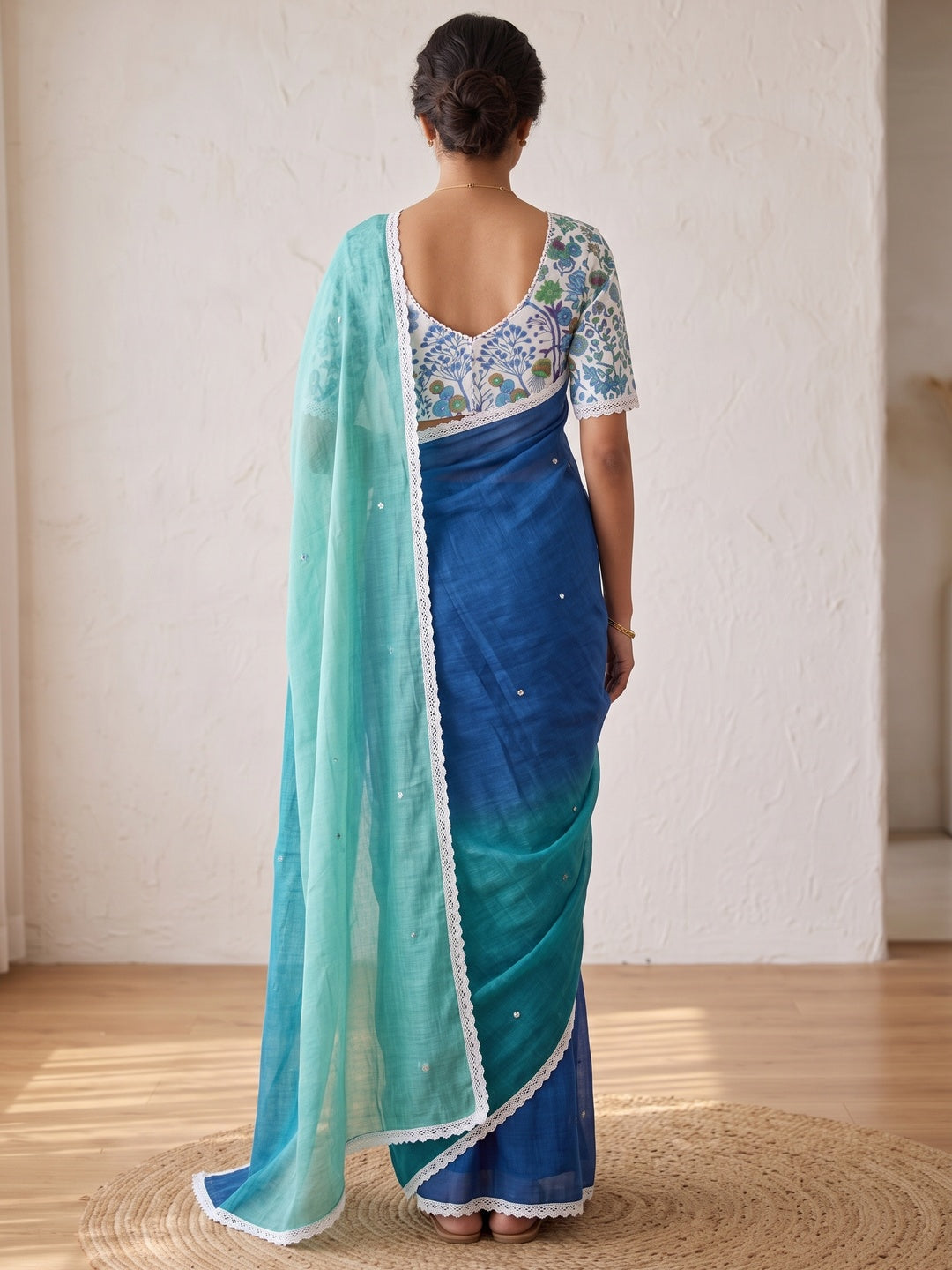 Peachmode Teal Blue Ombre Linen Saree - Image 3