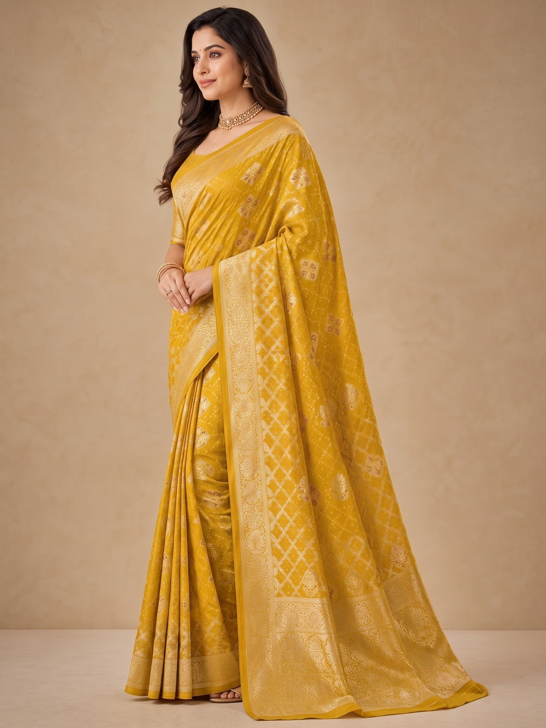 Peachmode Mustard Dola Silk Woven Saree - Image 4