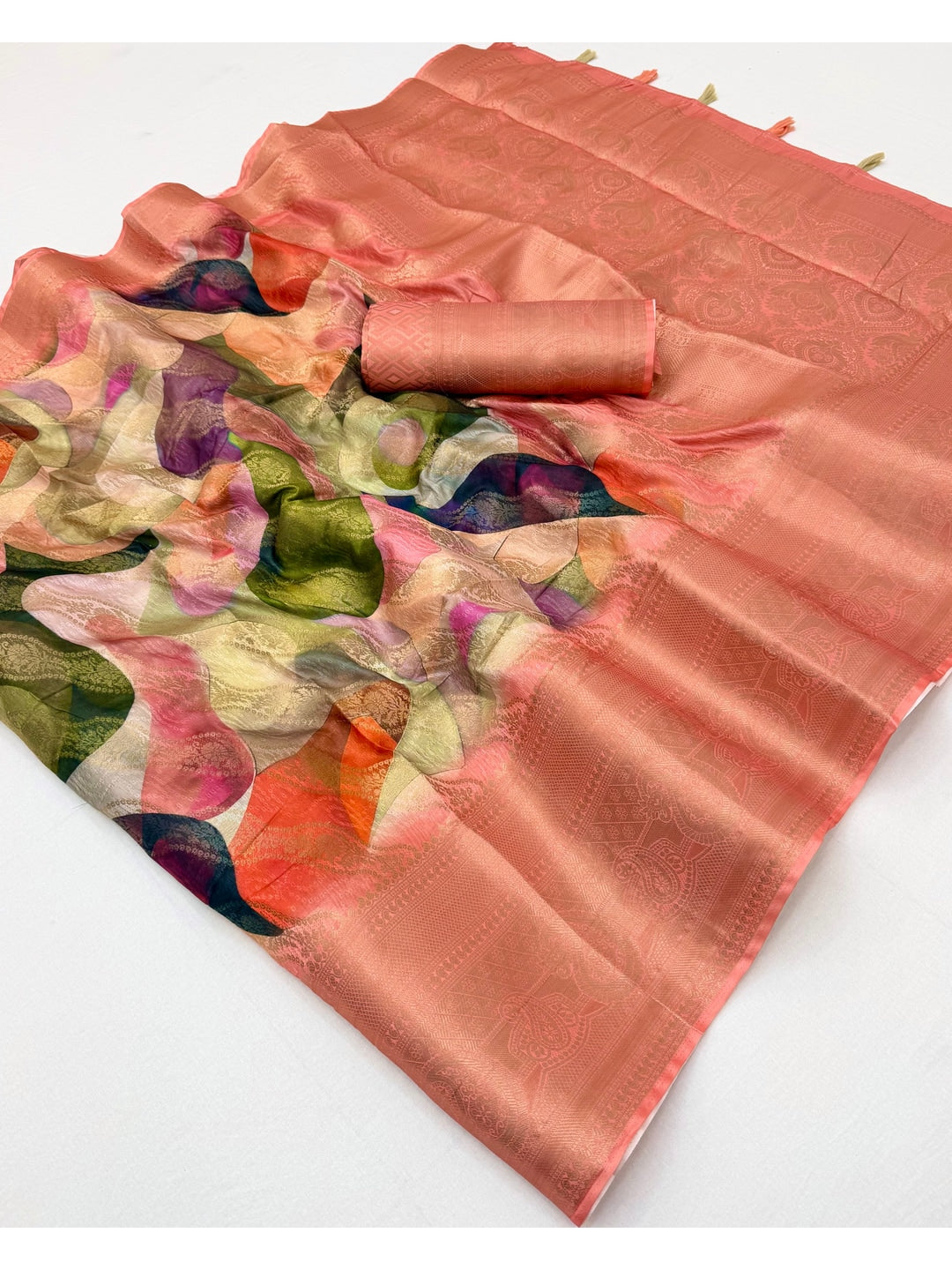 Peachmode Peach Digital Printed Jacquard Art Silk Saree - Image 3