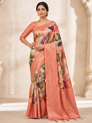Peachmode Peach Digital Printed Jacquard Art Silk Saree - Image 1